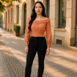 Lulu's Cropped Ruffle Cotton Gauze 3/4 Sleeve Apricot Top New with Tag Size SM
